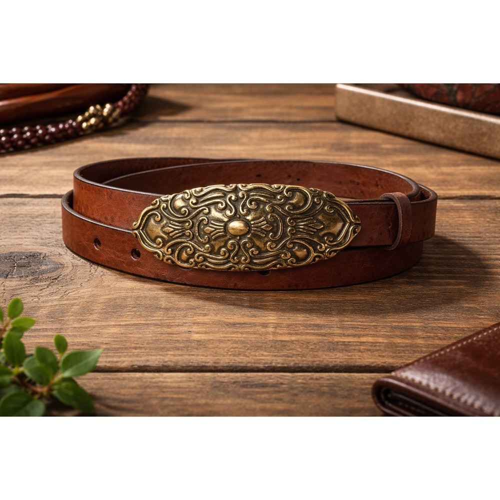 Women's Brown Leather Belt with Ornate Gold-Tone Decorative Buckle